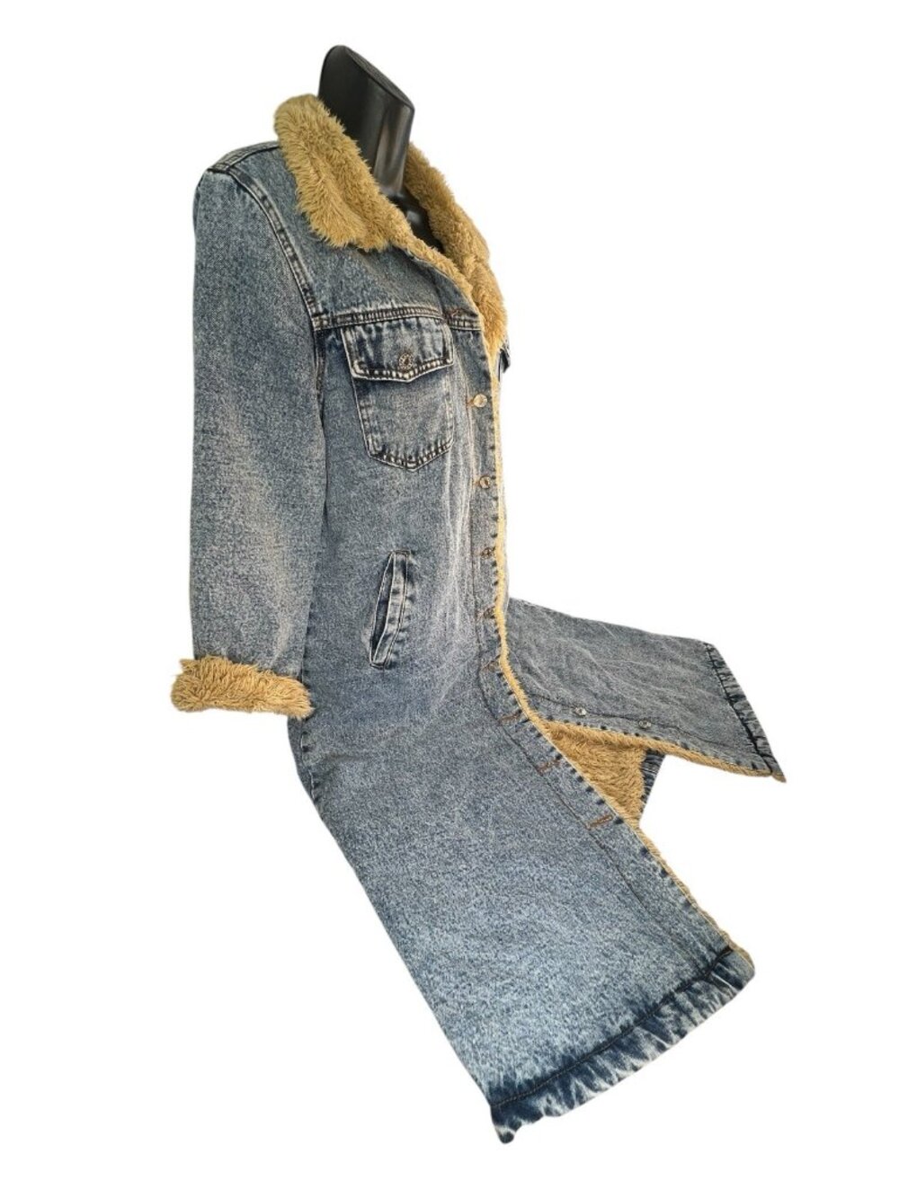 vtg sherpa lined light wash long denim coat jean jacket duster sz S - Picture 8 of 13